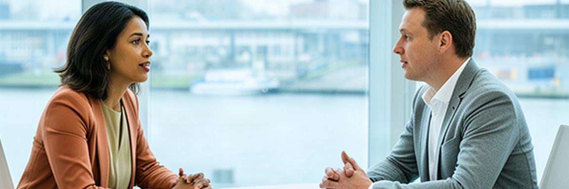 Zakelijk gesprek aan tafel in een lichte vergaderruimte met zicht op de Scheldeboulevard in Terneuzen